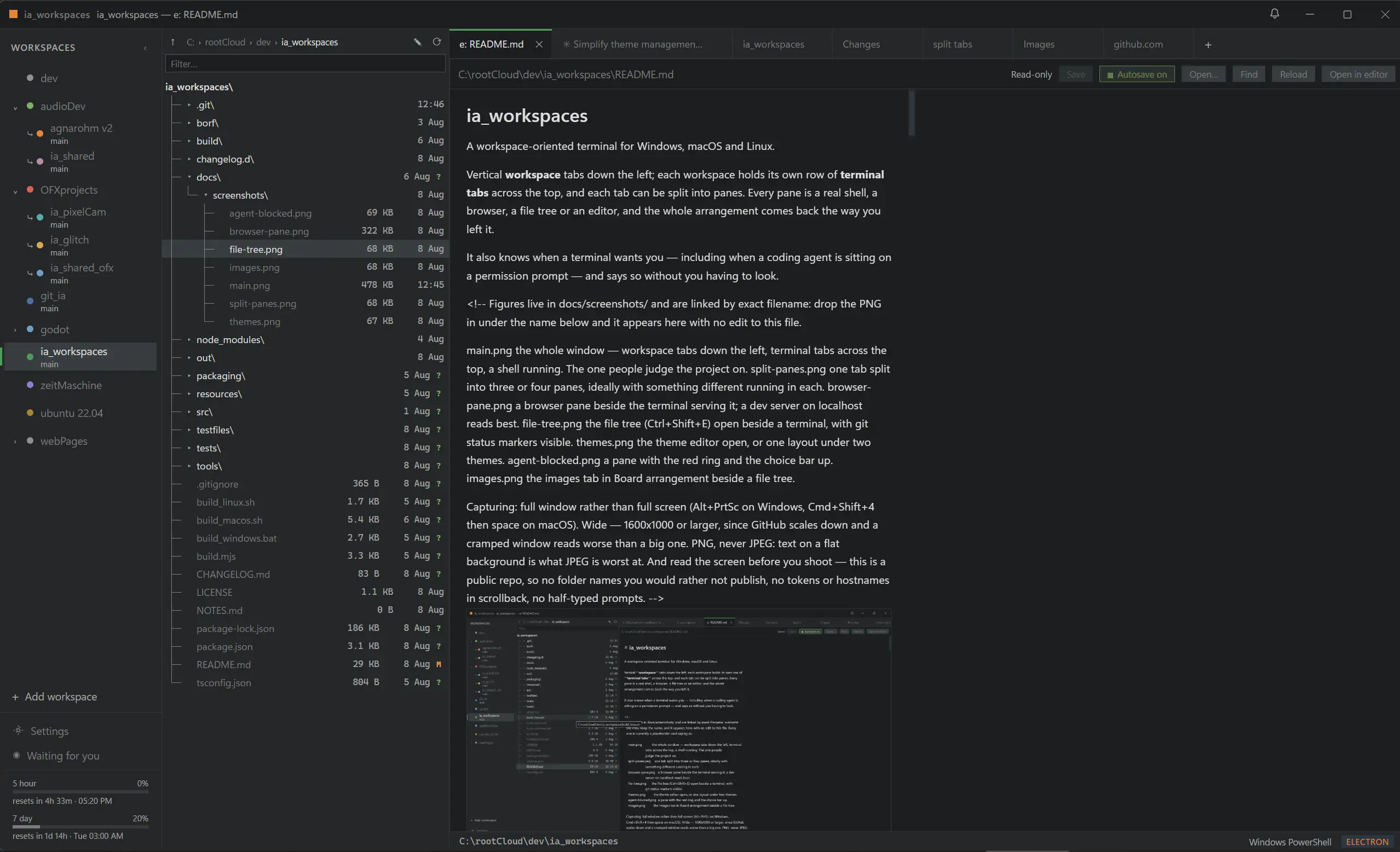ia_workspaces main window: workspaces on the left, file tree, editor and terminal tabs